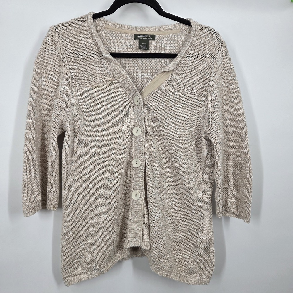 Eddie Bauer Women M 3/4 Sleeve Button Knit Cardigan Ramie/Cotton Cottage Natural